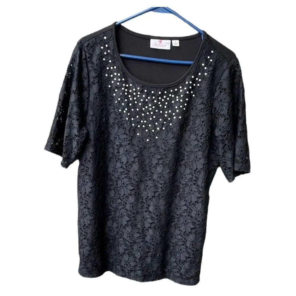 QVC Quacker Factory size L lace pearl rhinestone embellished top.